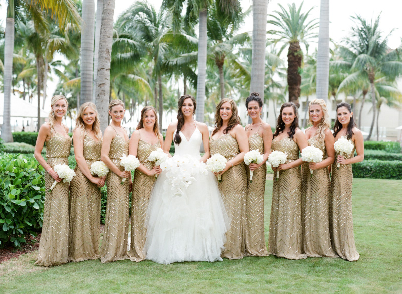 Gold sequin bridesmaid dresses at destination wedding