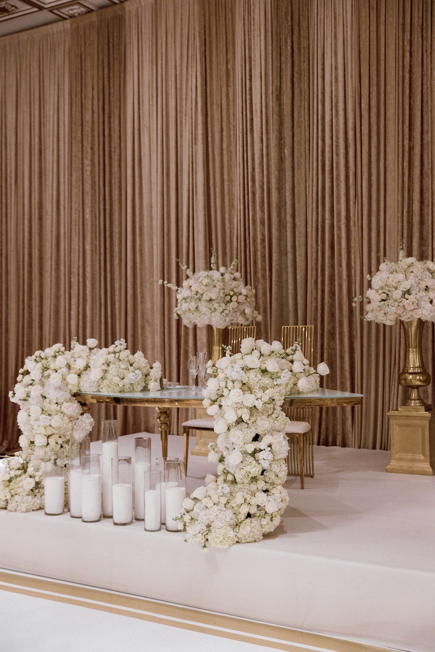 White and gold luxury sweetheart table white wedding ideas