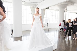 Of-the-Shoulder Gown, Floral Appliqués by Marchesa Bridal marchesa-bridal-spring-summer-2018-long-gown-off-the-shoulder-sleeves-train-floral-appliques