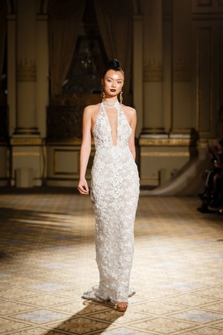 Fitted Sheath Dress with Collar by Berta berta-spring-summer-2018-fitted-sheath-dress-floral-appliques-plunging-neckline-illusion-collar