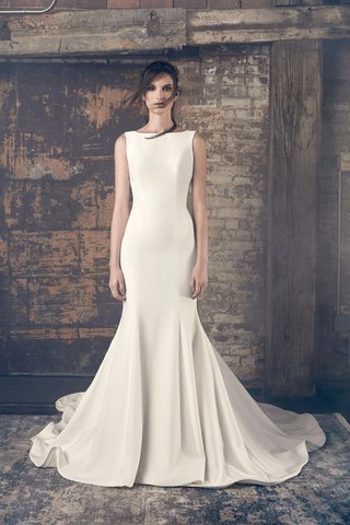"Elsa" by Sareh Nouri sareh-nouri-fall-2018-wedding-dress-elsa-high-boat-neck-bateau-wedding-dress-trumpet-fit-flare