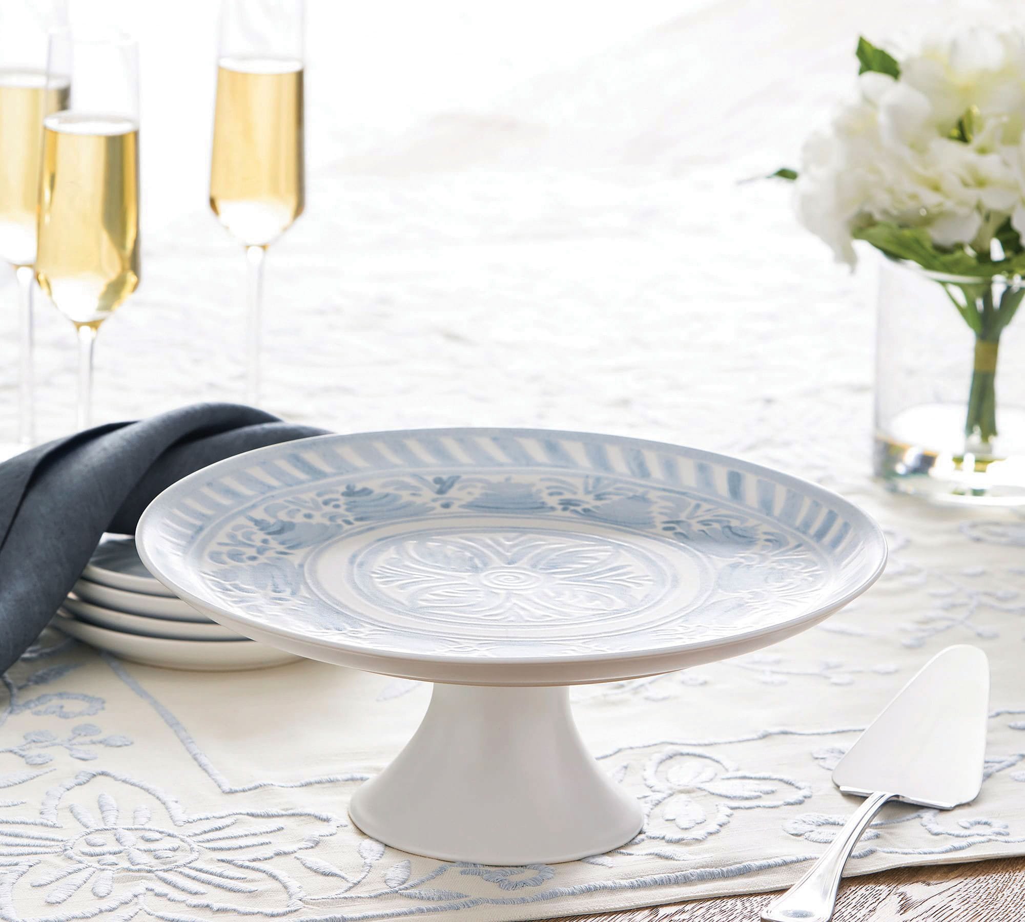 Chambray Tile stoneware cake stand Pottery Barn wedding registry ideas