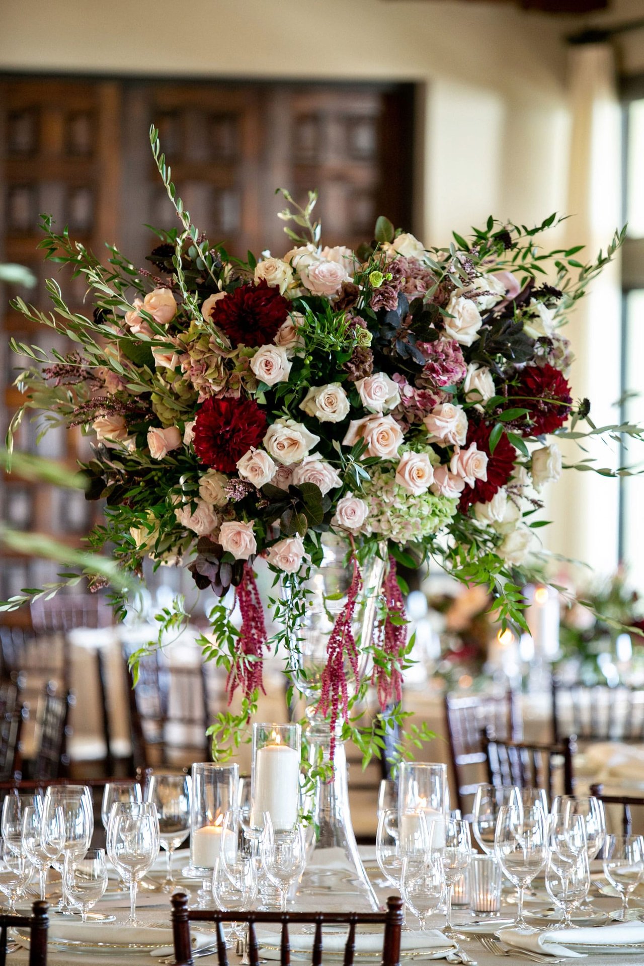 Tall Centerpiece with Pink & Burgundy Flowers