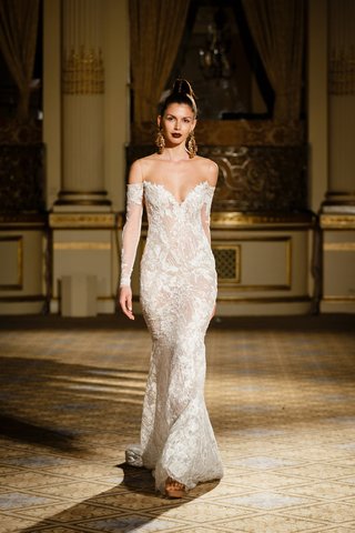 Fitted Lace Gown, Illusion Off-the-Shoulder Sleeves by Berta berta-spring-summer-2018-lace-gown-flared-skirt-sweetheart-neckline-off-the-shoulder-long-sleeves