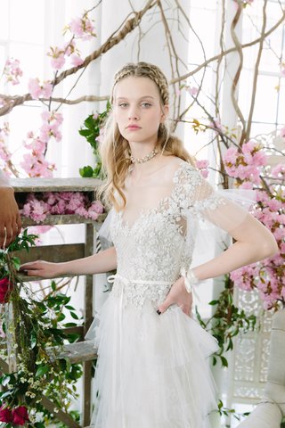 Gown with Tulle Sleeves, Layered Skirt by Marchesa Notte Bridal marchesa-notte-bridal-spring-summer-2018-illusion-capped-sleeves-tulle-cuffs-bead-layered-skirt