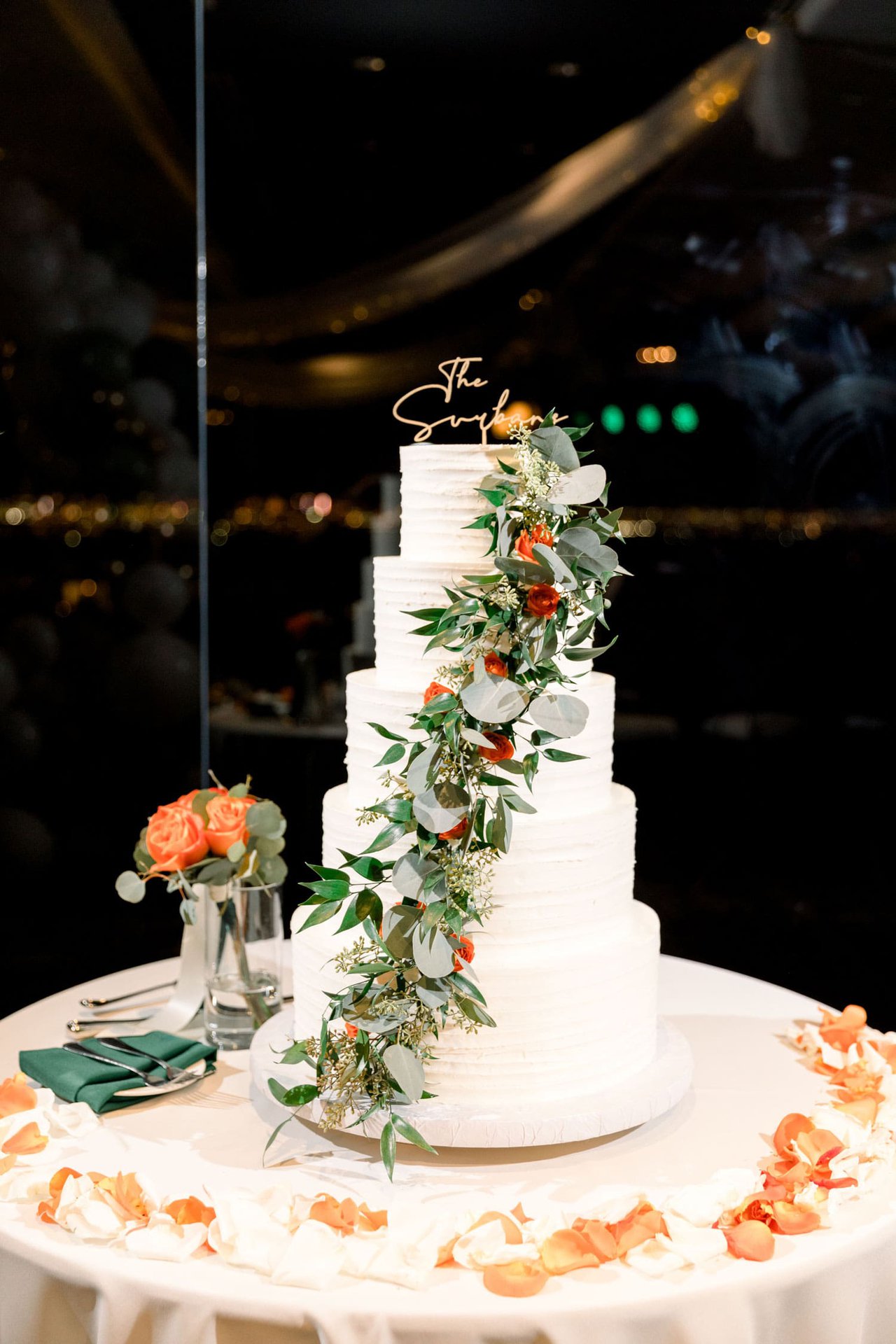 Ribbon-Texture Wedding Cake with Florals