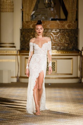 Fitted Lace Gown with Long Slit by Berta berta-spring-summer-2018-fitted-off-the-shoulder-long-sleeved-gown-lace-ribbon-belt-thigh-high-slit
