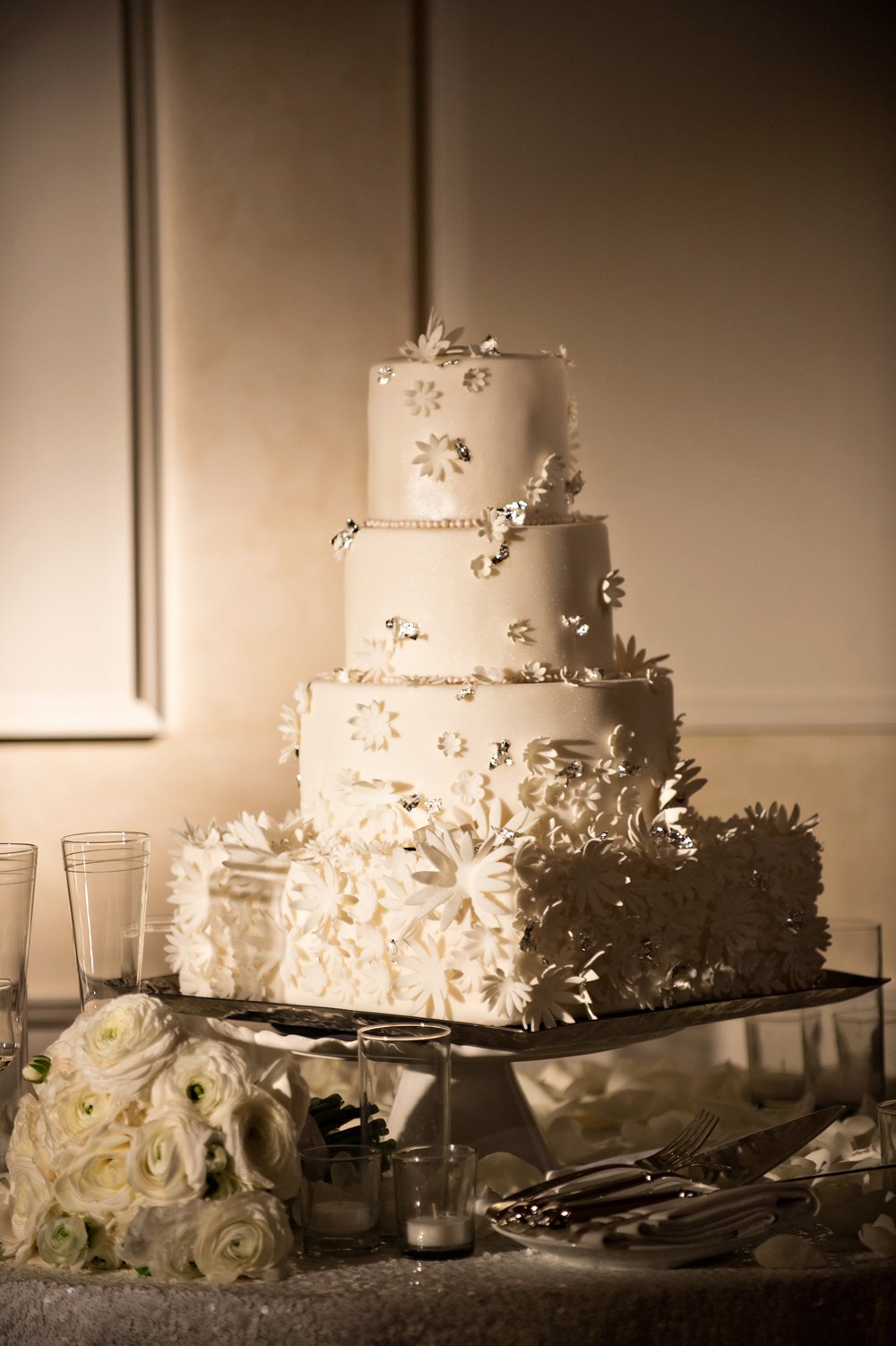 White Fondant Cake with 3D Flowers