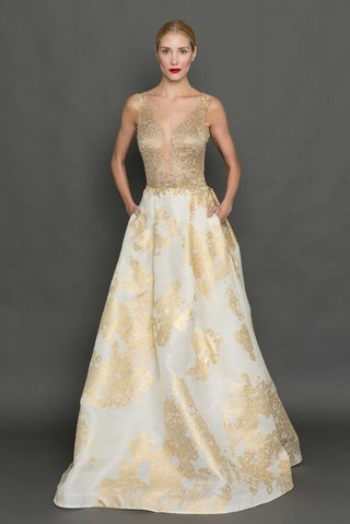 "Ariel" by Francesca Miranda francesca-miranda-fall-2017-ariel-gold-print-organza-ball-gown-gold-lace-bodice