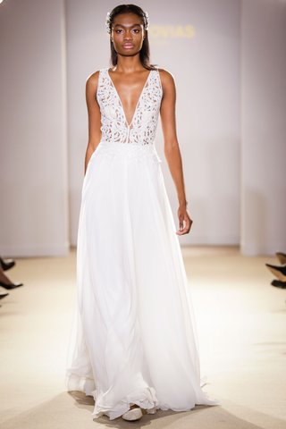 Deep V-Neck Gown by Pronovias atelier-pronovias-2019-bridal-collection-wedding-dresses-v-neck-gown-chiffon-illusion-bodice