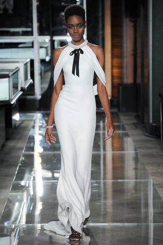 "Lucky" by Reem Acra reem-acra-spring-2018-silk-double-georgette-narrow-gown-draped-swag-sleeve-pearl-neckline-bridal