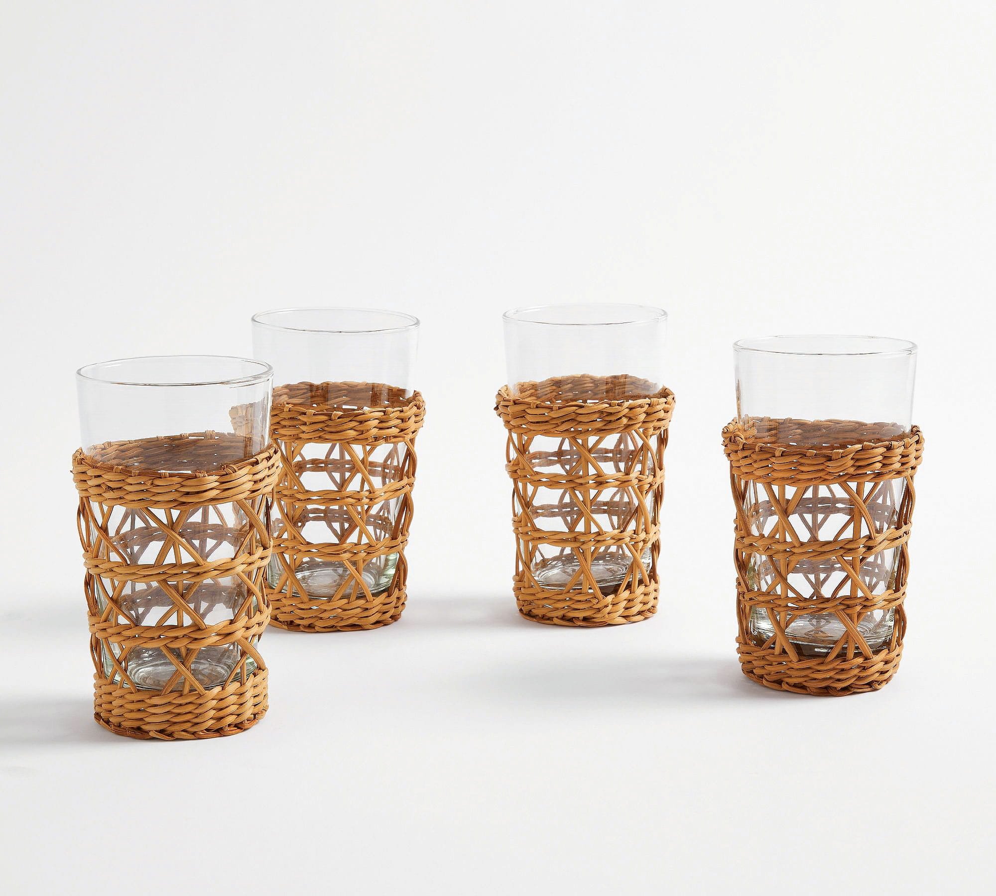 Handwoven wicker-and-glass tumblers set of four Pottery Barn wedding registry ideas