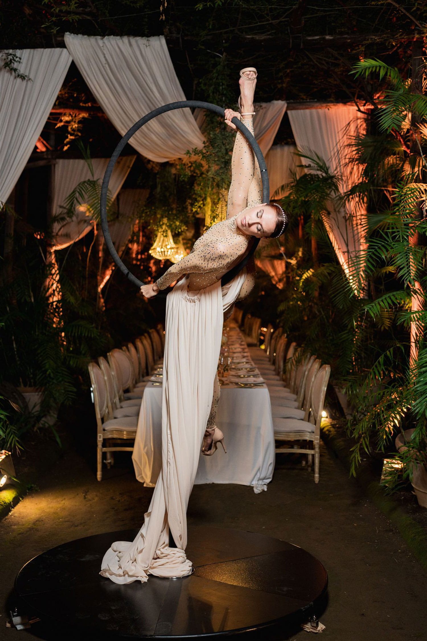 aerialist over wedding reception in italy outdoor