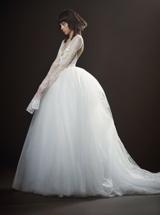 "Thérèse" by Vera Wang vera-wang-spring-2018-therese-ivory-chantilly-lace-long-sleeve-v-neck-ball-gown-tulle-macrame