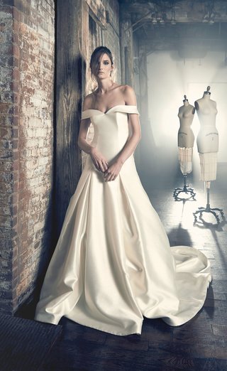 "Ethel" by Sareh Nouri sareh-nouri-fall-2018-wedding-dress-ethel-drop-waist-gown-satin-silk-off-shoulder-pleats