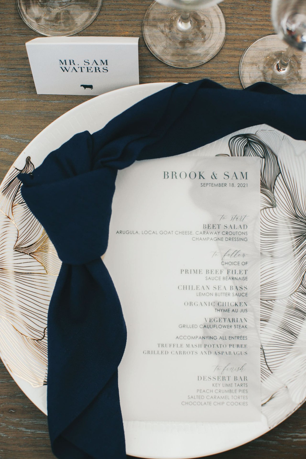 Vellum Wedding Menu with Navy Napkin