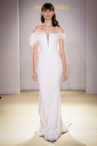Feather Gown by Pronovias atelier-pronovias-2019-bridal-collection-wedding-dresses-sleek-bridal-gown-feather-plunging-neck