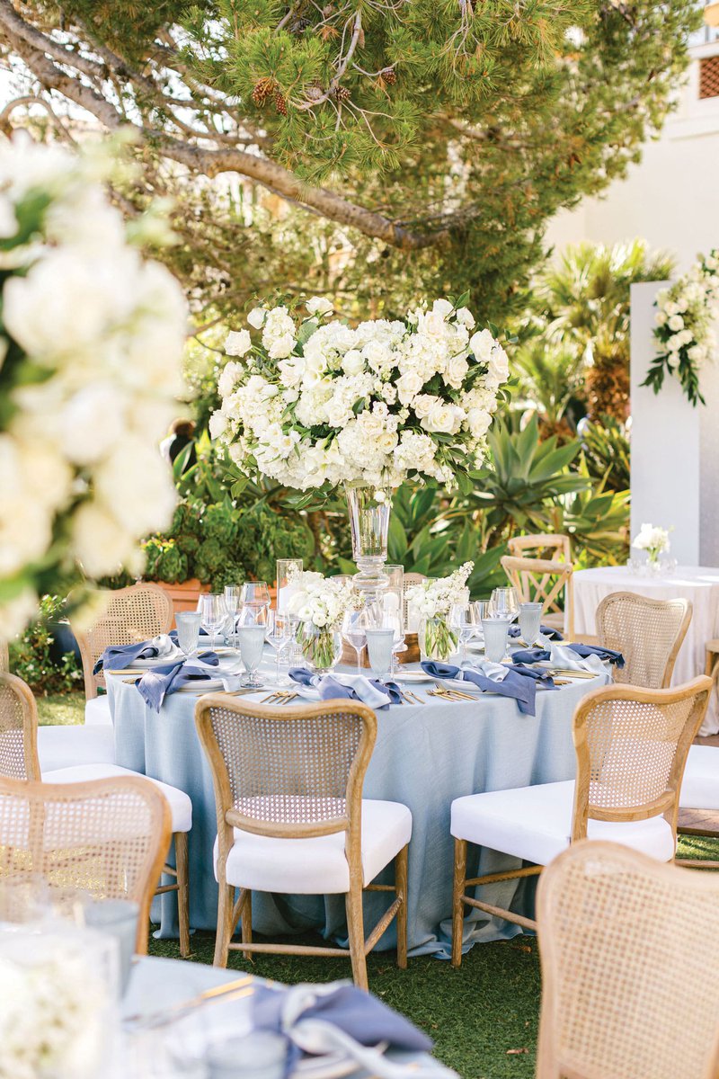 White Flowers & Blue Linens at Wedding Reception