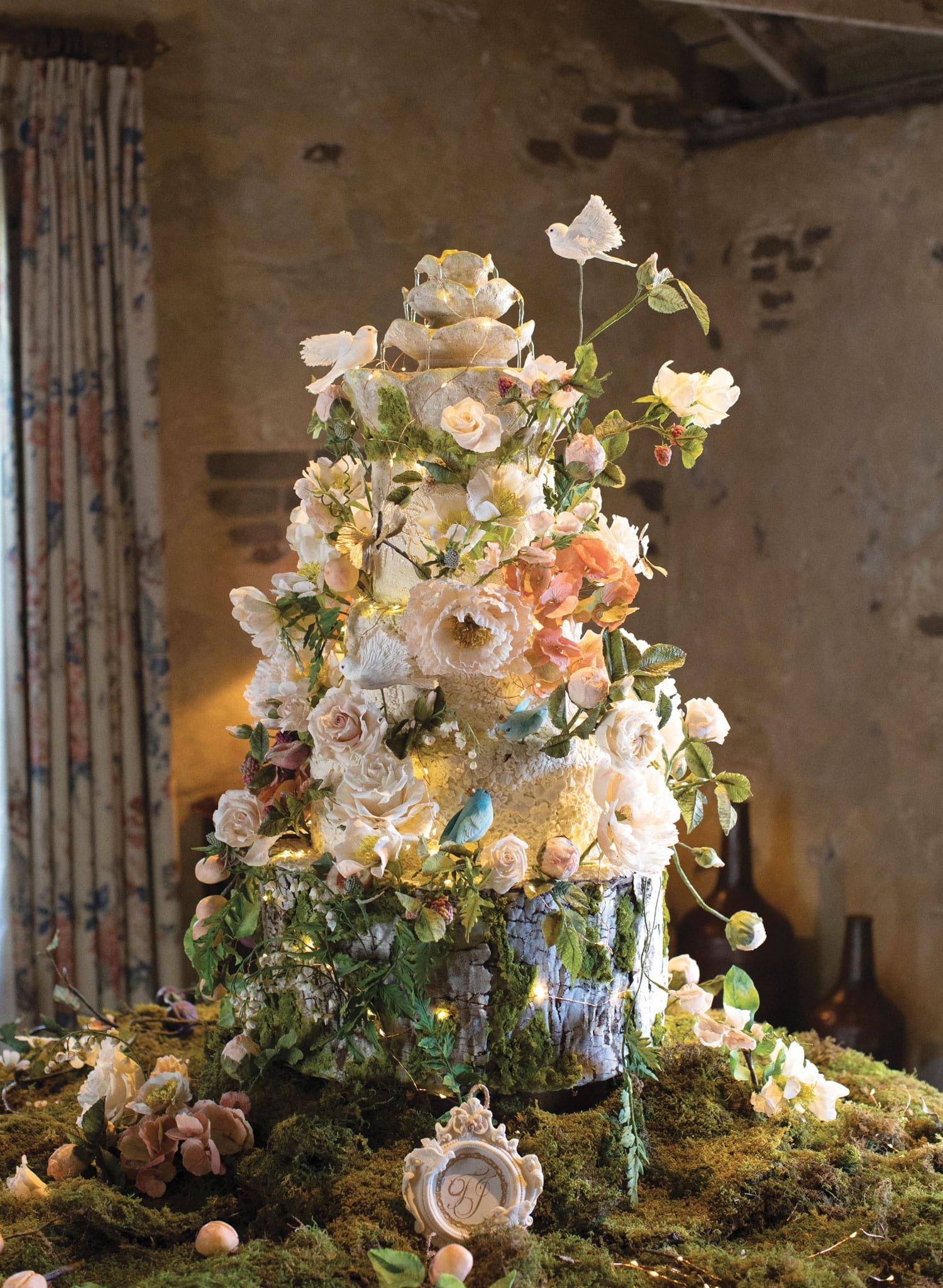 Whimsical Wedding Cake with Flowers & Birds