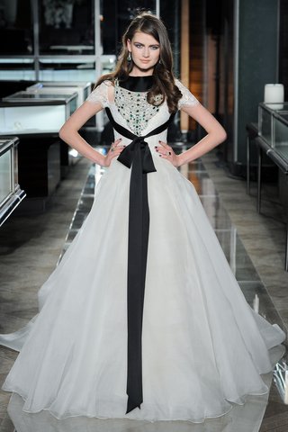 "Beautiful" by Reem Acra reem-acra-spring-2018-beautiful-silk-organza-ball-gown-lace-bodice-short-sleeves-black-ribbons
