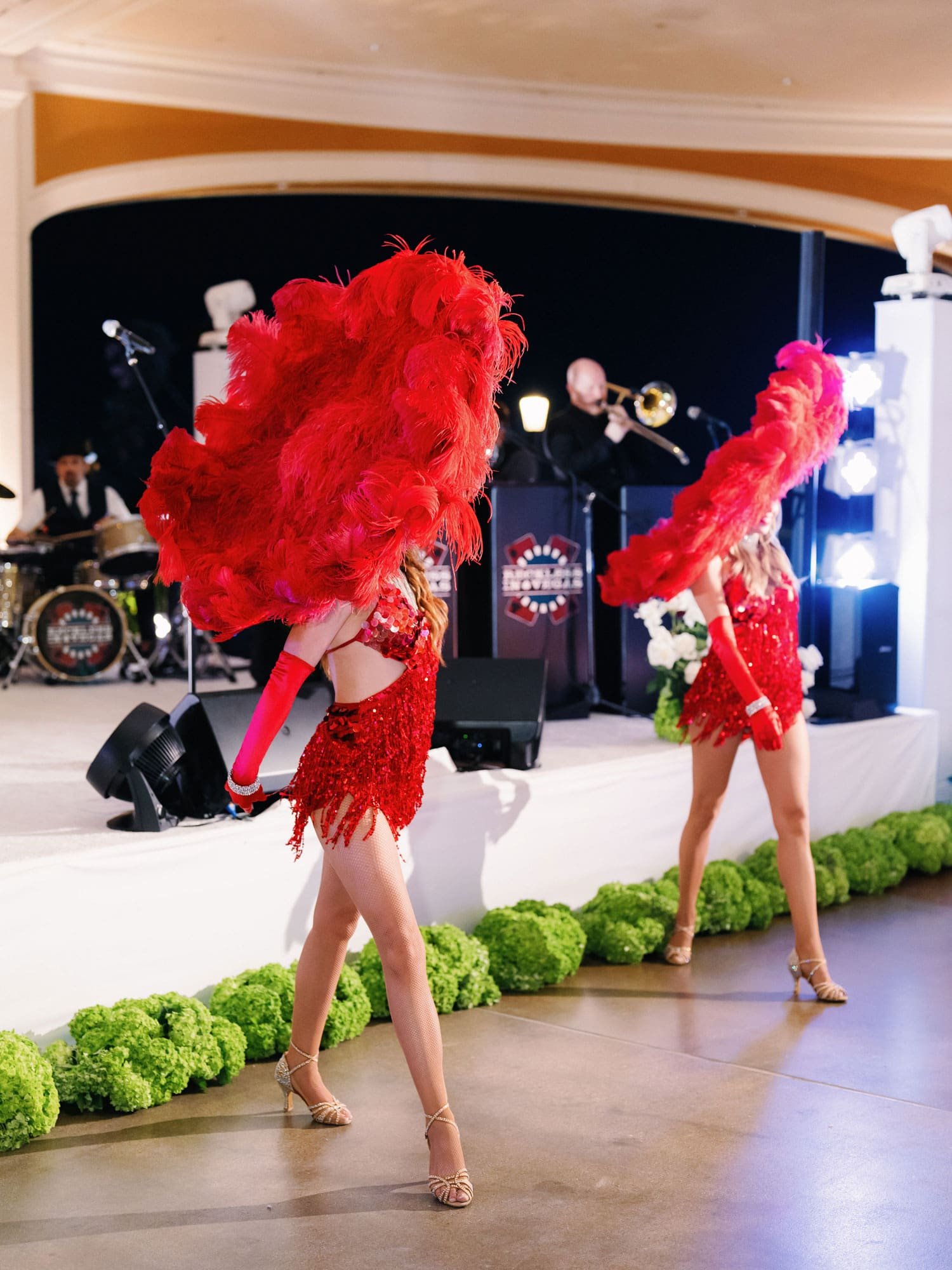Wedding dancers in showgirl costumes for las vegas wedding