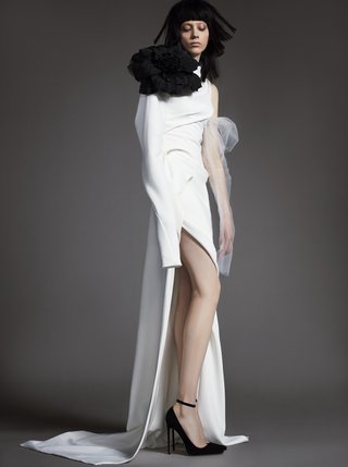 "Claude" by Vera Wang vera-wang-spring-2018-claude-draped-crepe-gown-asymmetric-long-sleeve-cutaway-skirt-flower-tulle