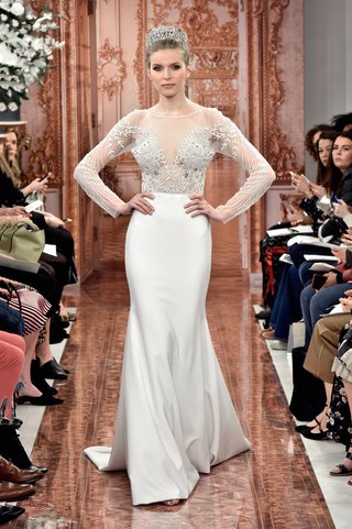 "Regina" by THEIA regina-by-theia-spring-2019-pearl-crystal-embroidered-illusion-bodice-long-sleeves-fitted-crepe