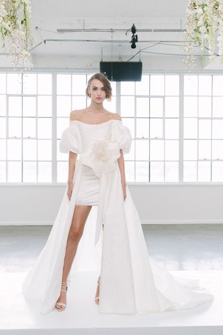 Look 5 by Marchesa Bridal FW18 marchesa-bridal-fall-2018-collection-wedding-dress-short-bridal-gown-overskirt-puffy-sleeves-flower