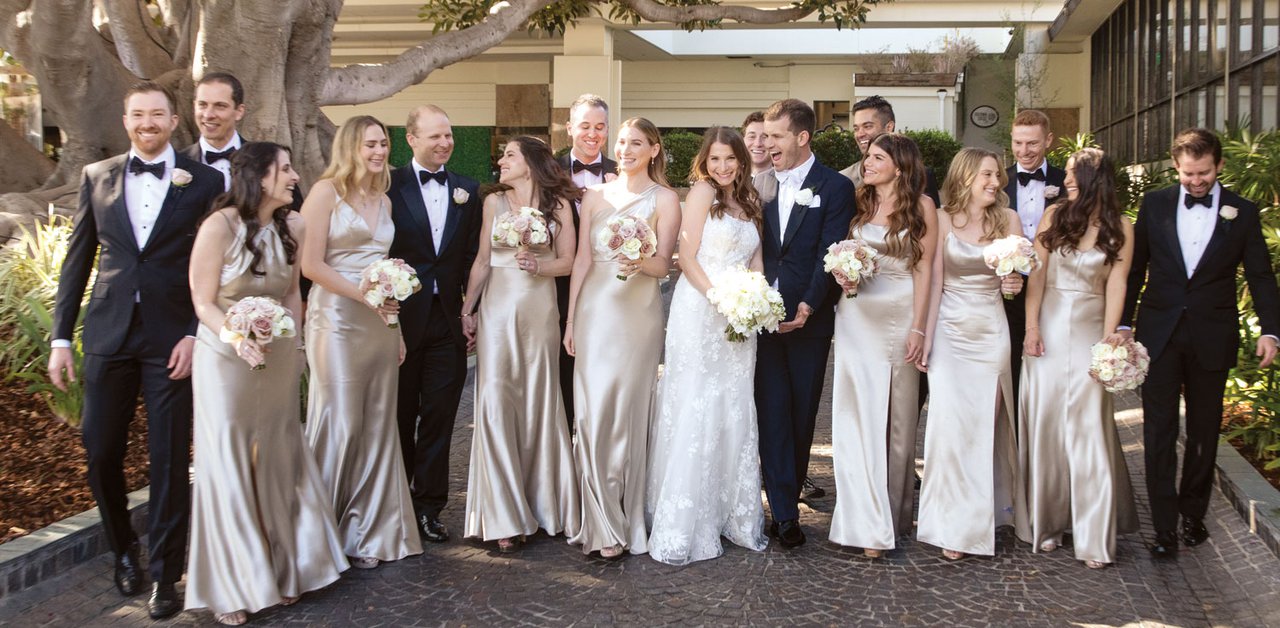 champagne bridesmaid dresses with groomsmen Abygail and Gordon's Enchanting Wedding at Ashridge House