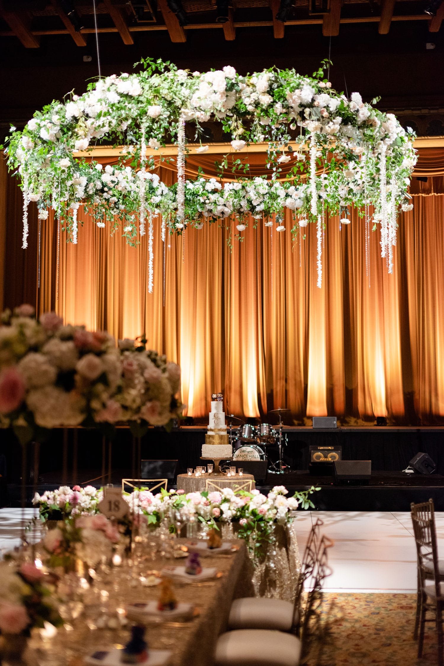 Floral Chandelier Over Dance Floor & Cake