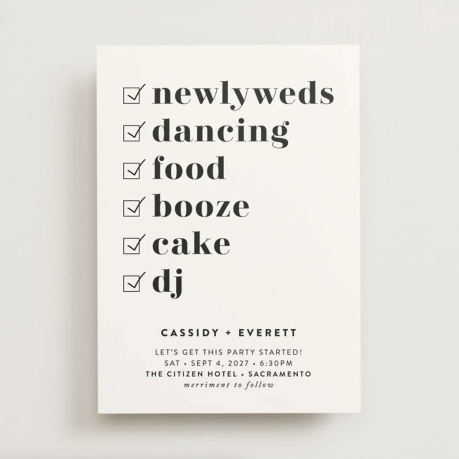 Minted Key Ingredients invitation for post elopement party by Christie Garcia