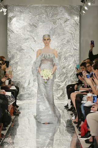 "Aura" by THEIA theia-spring-2017-aura-grey-silver-wedding-dress-with-ruffle-silk-jacquard-gown