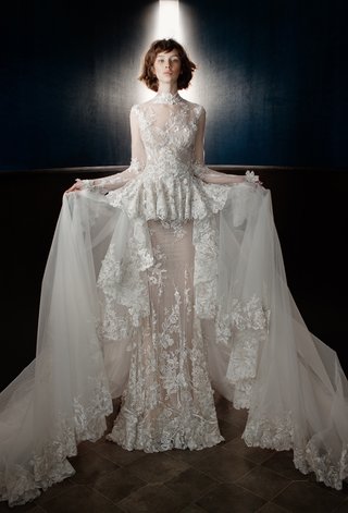 "Tesla" and Train by Galia Lahav galia-lahav-spring-2018-victorian-sheer-3-d-floral-embroidery-high-neckline-sleeves-peplum-train