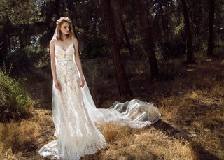 Illusion A-Line Gown, Thin Straps by GALA by Galia Lahav an-a-line-gown-with-an-illusion-skirt-intricate-patterns-v-neckline-a-thin-belt-and-thin-straps