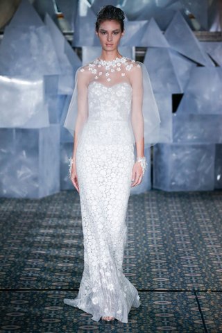 "Zoe" by Mira Zwillinger mira-zwillinger-spring-2019-wedding-dress-zoe-strapless-sweetheart-sheath-3d-flowers-matching-cape