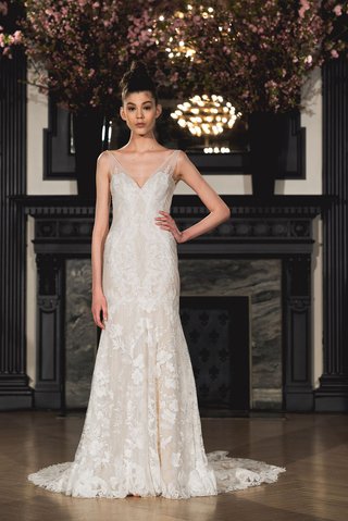 "Anna" by Ines Di Santo ines-di-santo-spring-2019-bridal-collection-wedding-dress-anna-v-neck-sheath-trumpet-fit-flare-gown