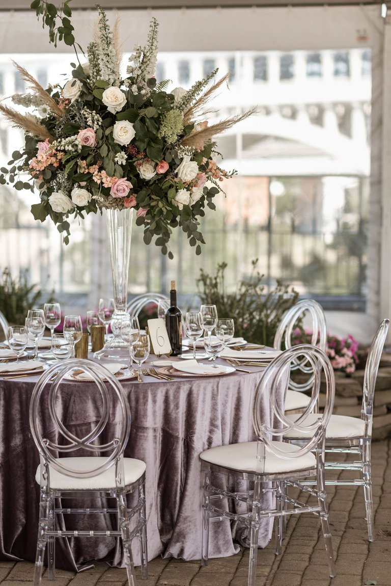 Lavender Table Linens & Tall Arrangement