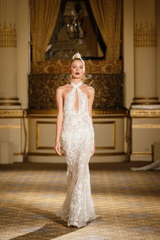 Halter Gown with Neckline Slit by Berta berta-spring-summer-2018-fitted-halter-gown-deep-neckline-slit-floral-appliques