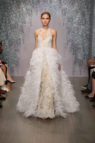 Look 5 by Monique Lhuillier Fall 2016 ivory-high-neck-wedding-dress-with-feather-overskirt