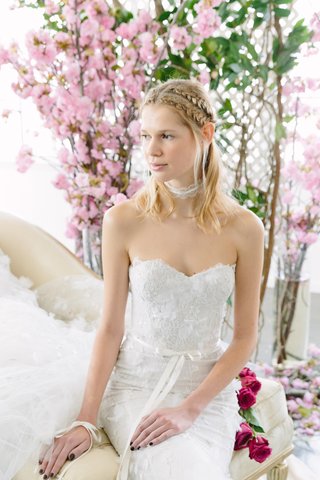 Fitted Sweetheart Gown, Ribbon Belt by Marchesa Notte Bridal marchesa-notte-bridal-spring-summer-2018-fitted-gown-lace-detailing-ribbon-belt-floral-details