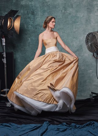 "Lucille" by Sareh Nouri sareh-nouri-fall-2019-bridal-collection-wedding-dress-lucille-gold-strapless-taffeta-gown