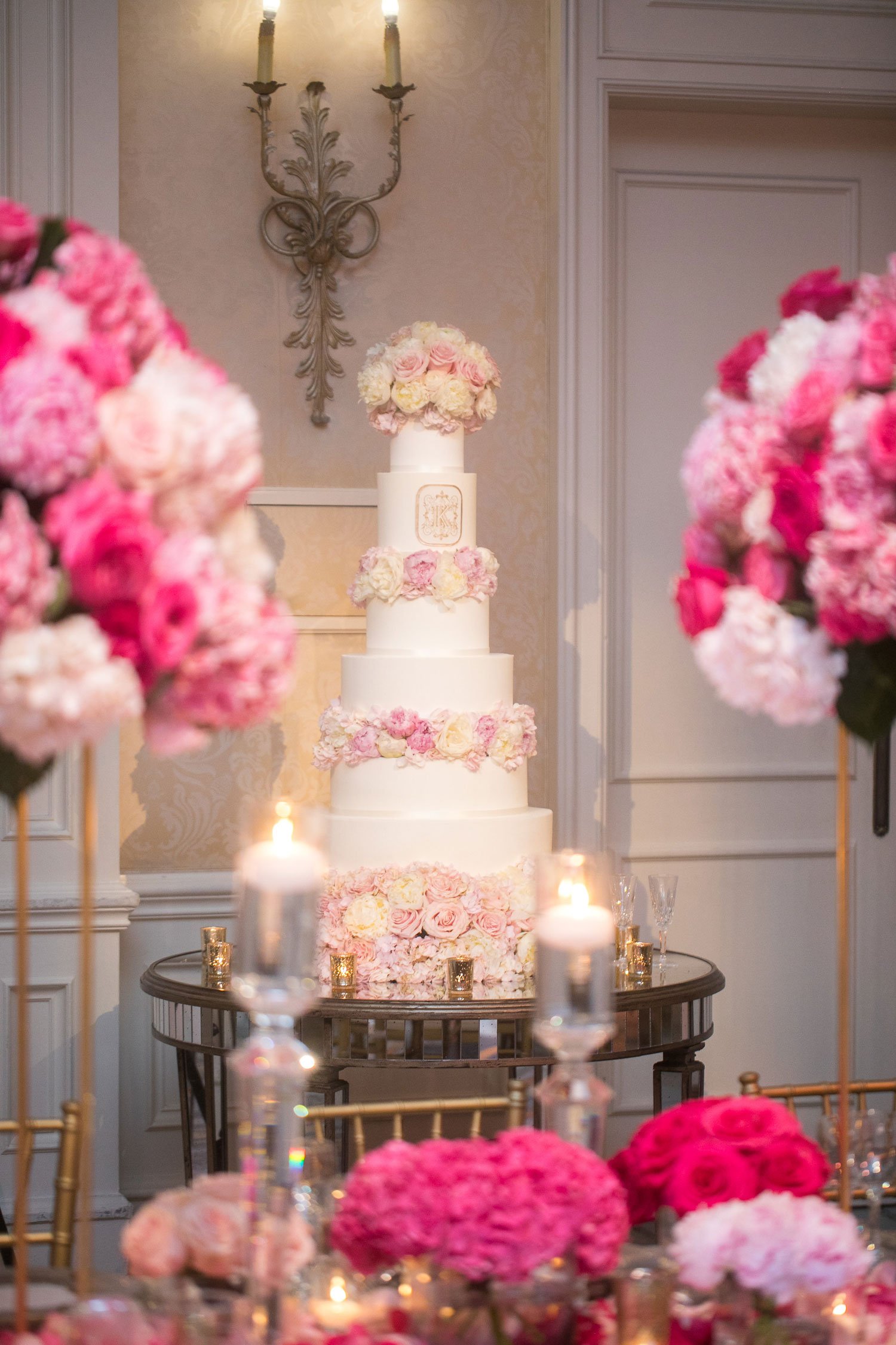 Tall Cake with Monogram and Flowers