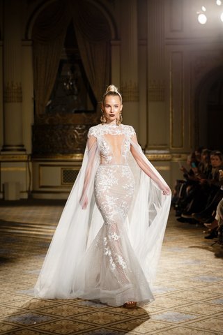 Trumpet Gown with High-Neck Details, Cape by Berta berta-spring-summer-2018-trumpet-gown-lace-high-neck-plunging-keyhole-neckline-illusion-tulle-cape