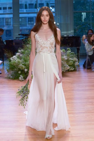 "Julia" by Monique Lhuillier monique-lhuillier-fall-2017-bridal-collection-julia-sheath-wedding-dress-lace-bodice-v-neck-slit