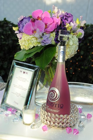 Cocktail Menu with Signature Spirit hpnotiq-harmonie-pink-bottle-and-framed-bar-menu