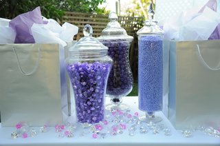 Gift Bag & Dessert Bar Display silver-gift-bags-and-purple-candy-station