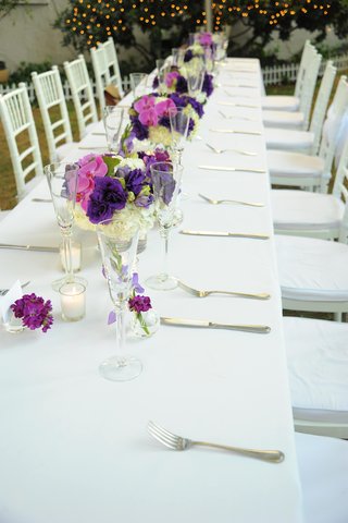 Outdoor Bridal Shower Table outdoor-white-table-with-purple-centepieces