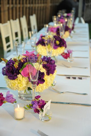 Ivory, Purple & Pink Centerpieces hydrangea-and-orchid-centerpieces