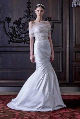 Monique Lhuillier Spring/Summer 2016 Collection mermaid-gown-with-tulle-wrap-around-shoulders-by-monique-lhuillier