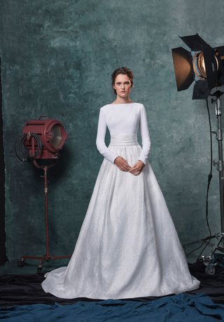 "Reese" by Sareh Nouri sareh-nouri-fall-2019-bridal-collection-wedding-dress-reese-crepe-long-sleeve-top-jacquard-ball-gown